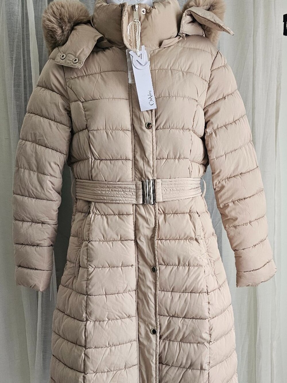 Women's Long Belted Puffer Coat, Faux Fur Hood, Double Zip Closure Beige Size L